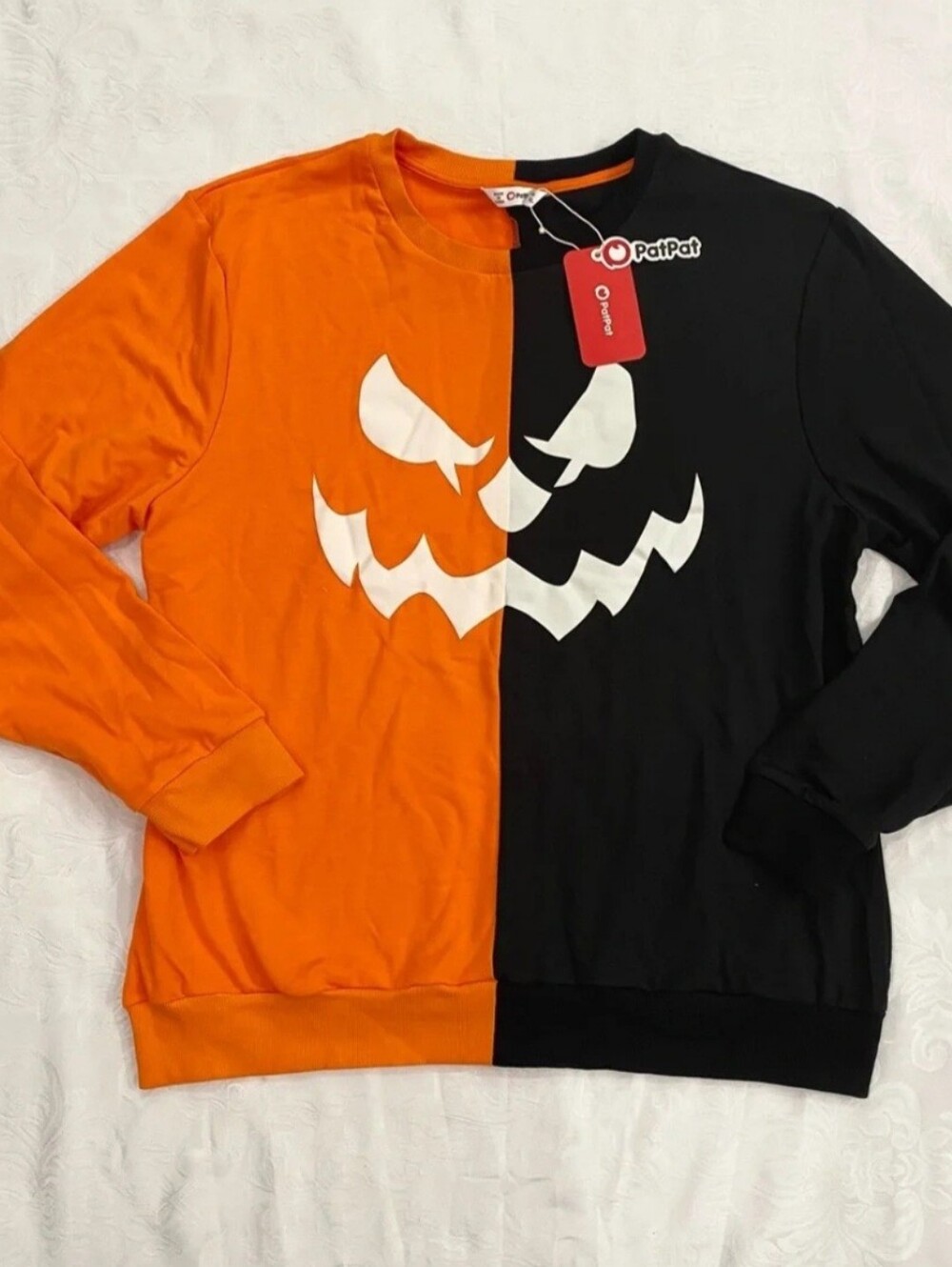 PatPat Men Orange and Black Split Pumpkin Face Crewneck Sweater Sz M & L